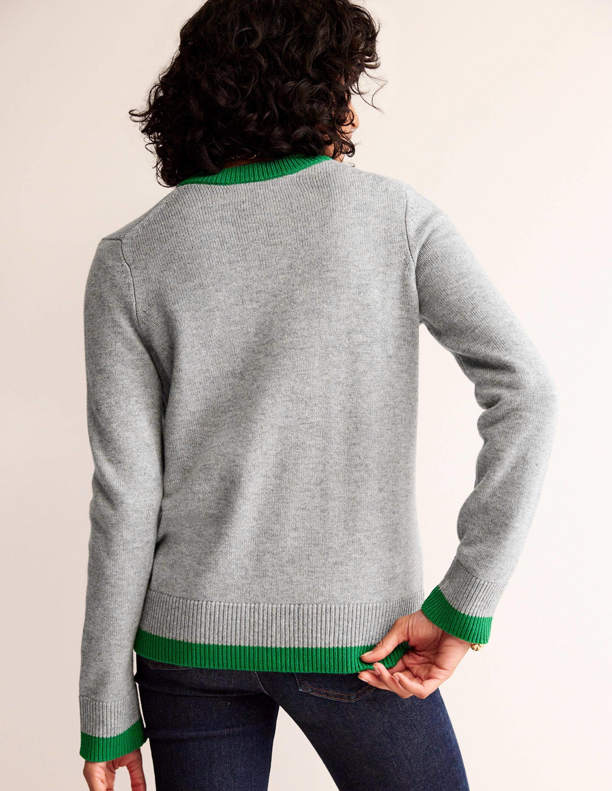 Alma Contrast Trim Cardigan-Grey Melange, Rich Emerald-3