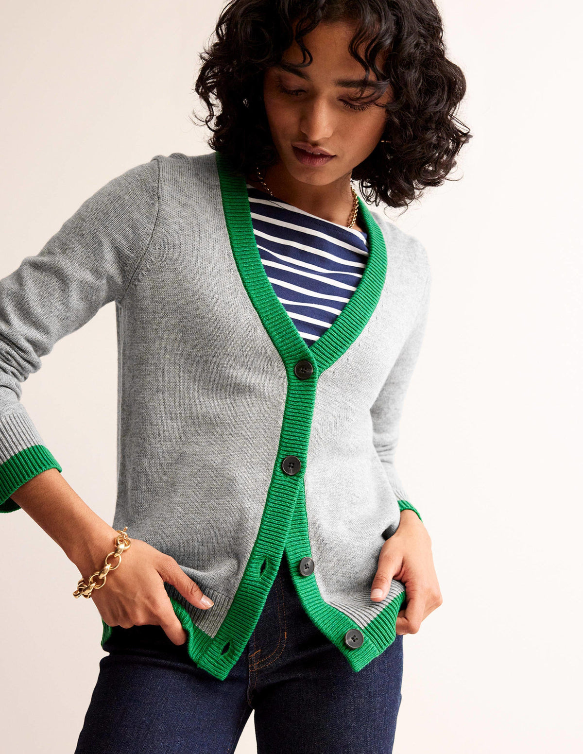 Alma Contrast Trim Cardigan-Grey Melange, Rich Emerald - Image 4