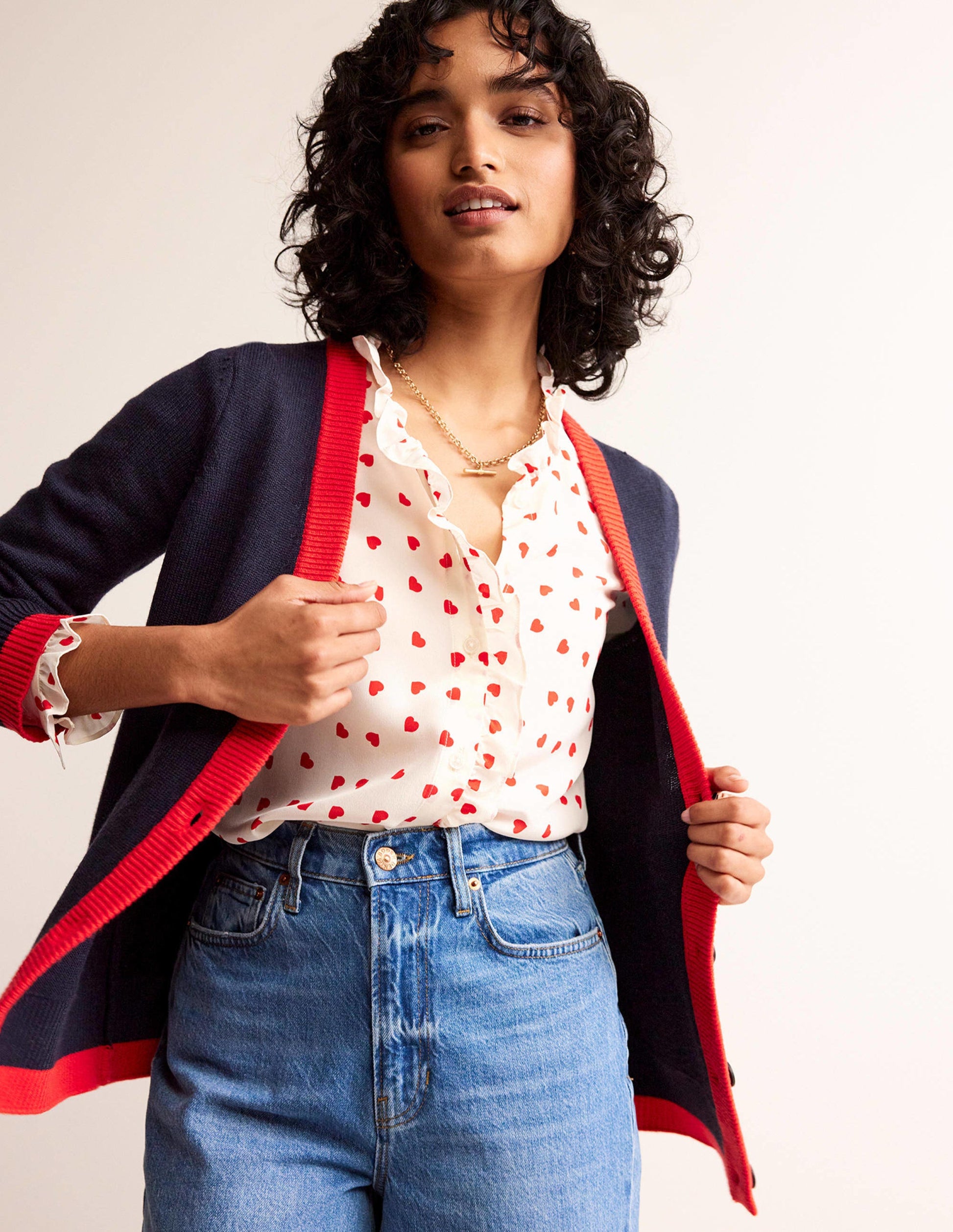 Alma Contrast Trim Cardigan-Navy, Post Box Red-1