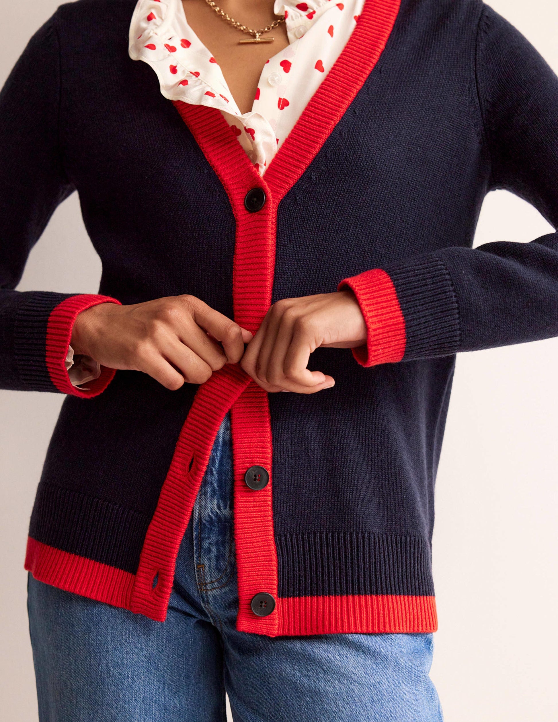 Alma Contrast Trim Cardigan-Navy, Post Box Red-2