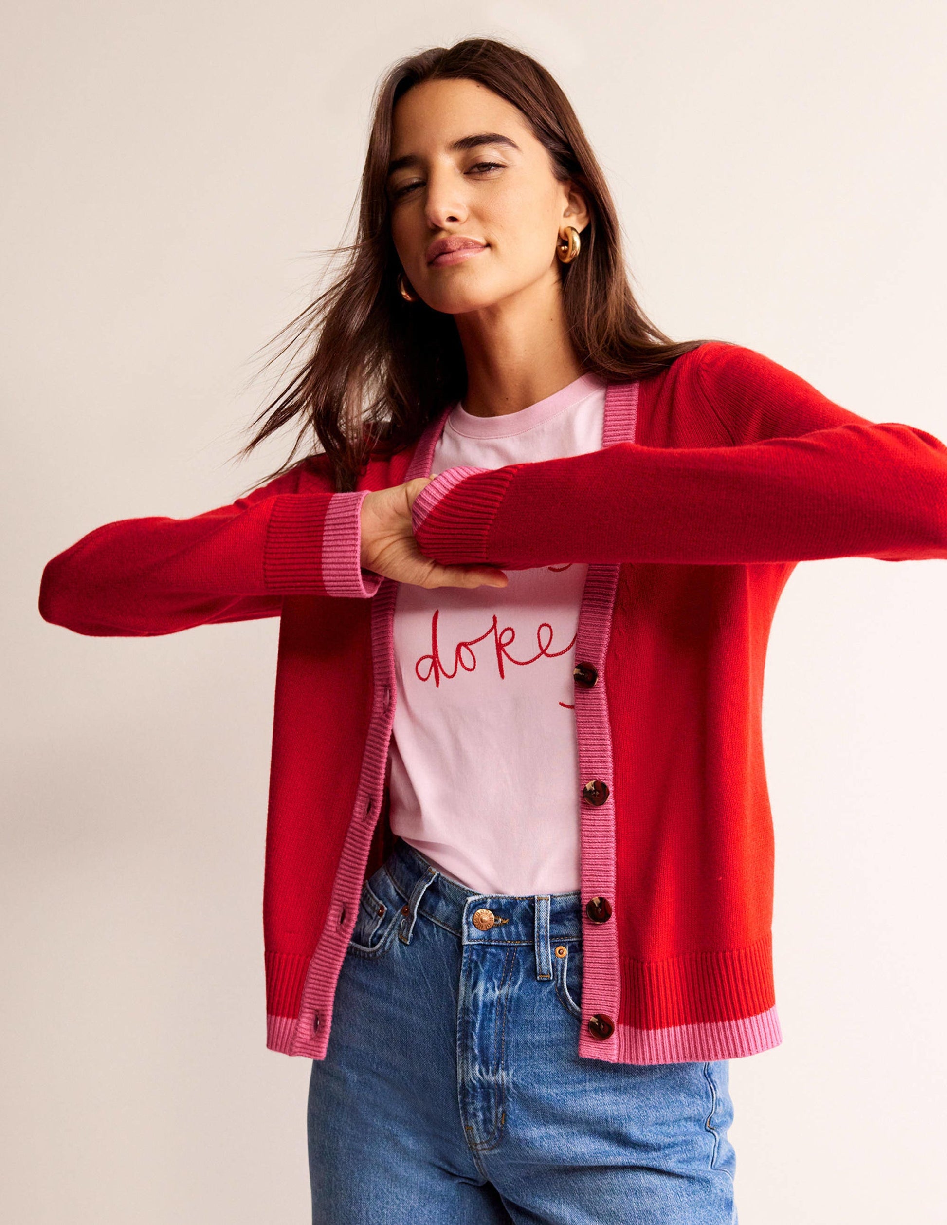 Alma Contrast Trim Cardigan-Post Box Red, Party Pink-1