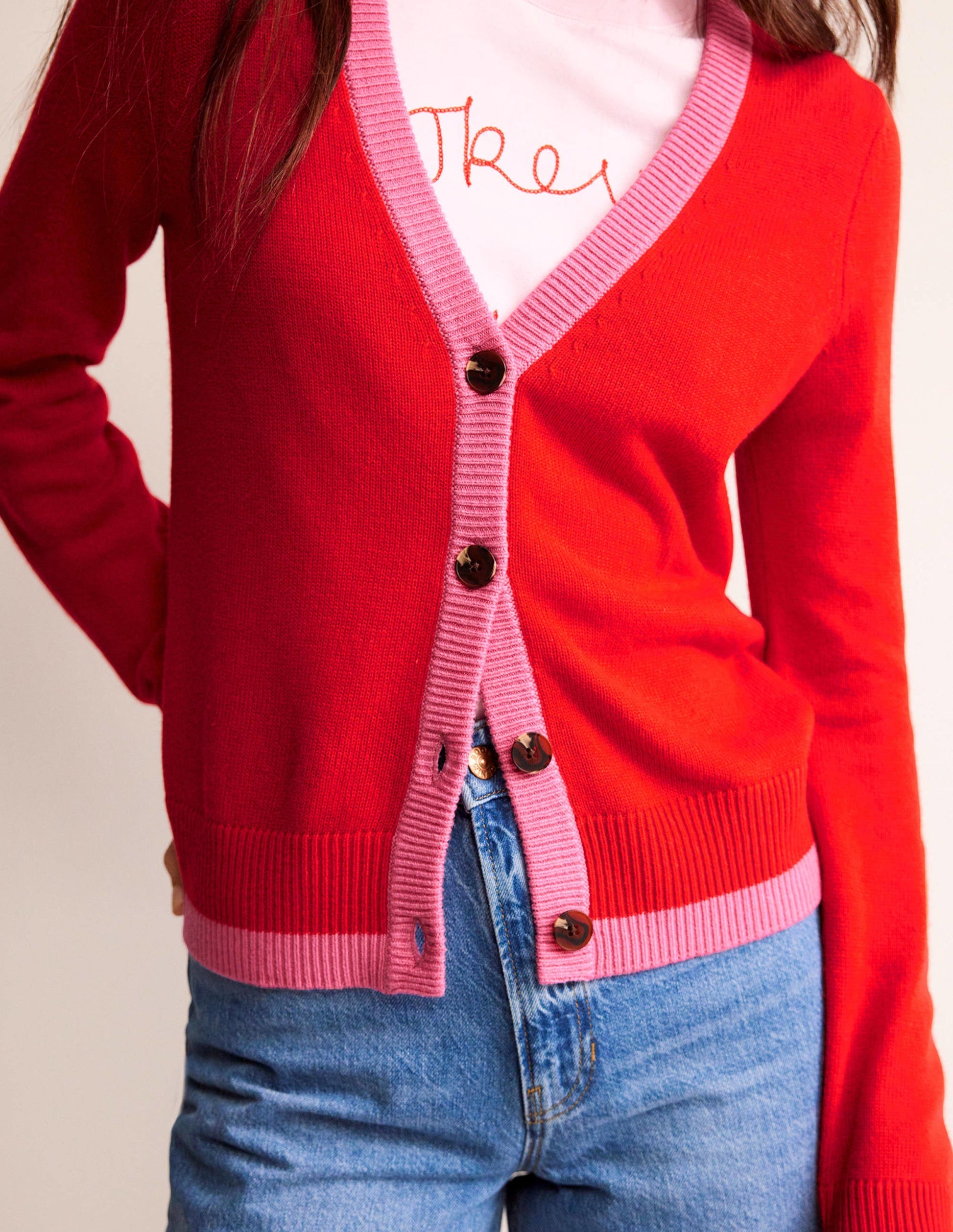 Alma Contrast Trim Cardigan-Post Box Red, Party Pink-2