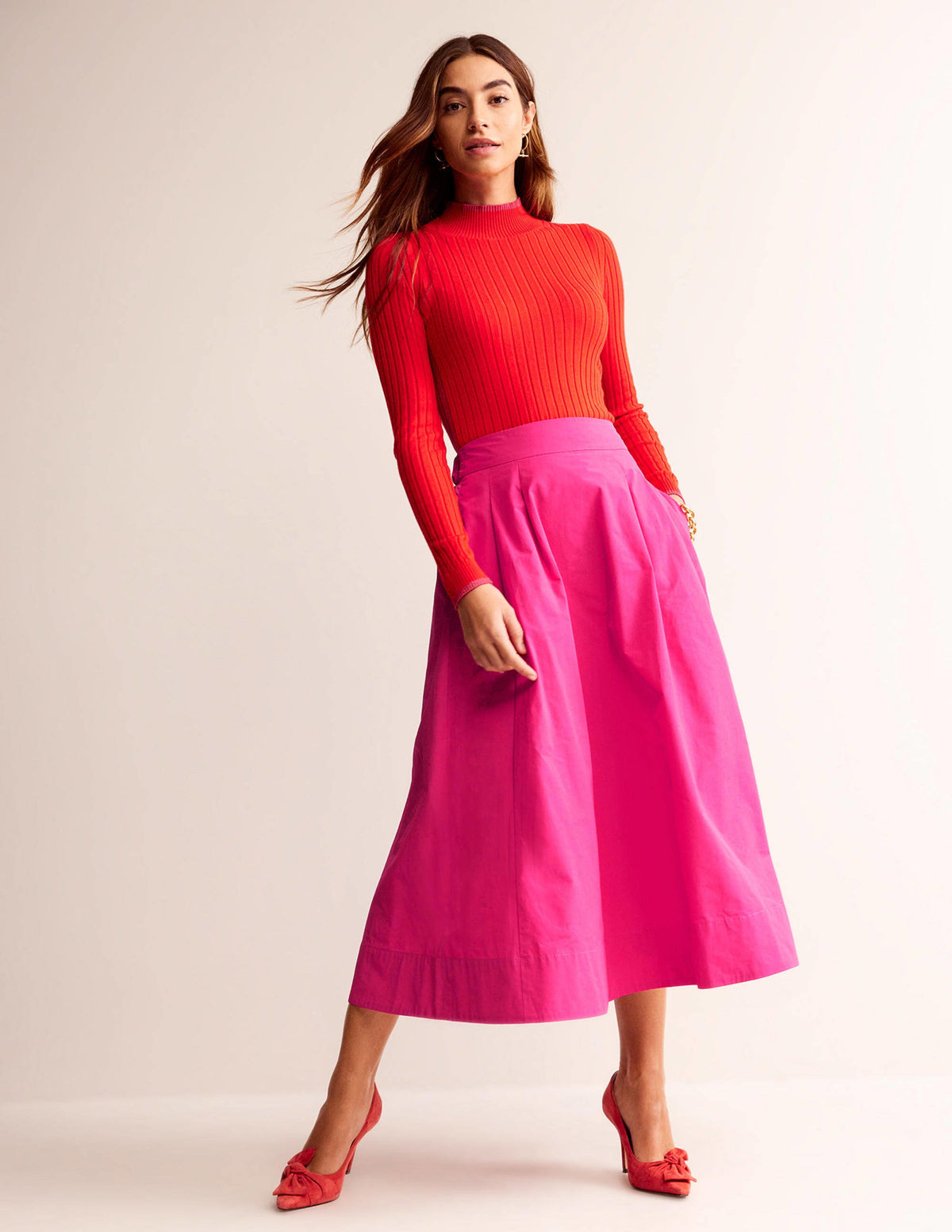Taffeta Pull-on Midi Skirt-Vibrant Pink-1