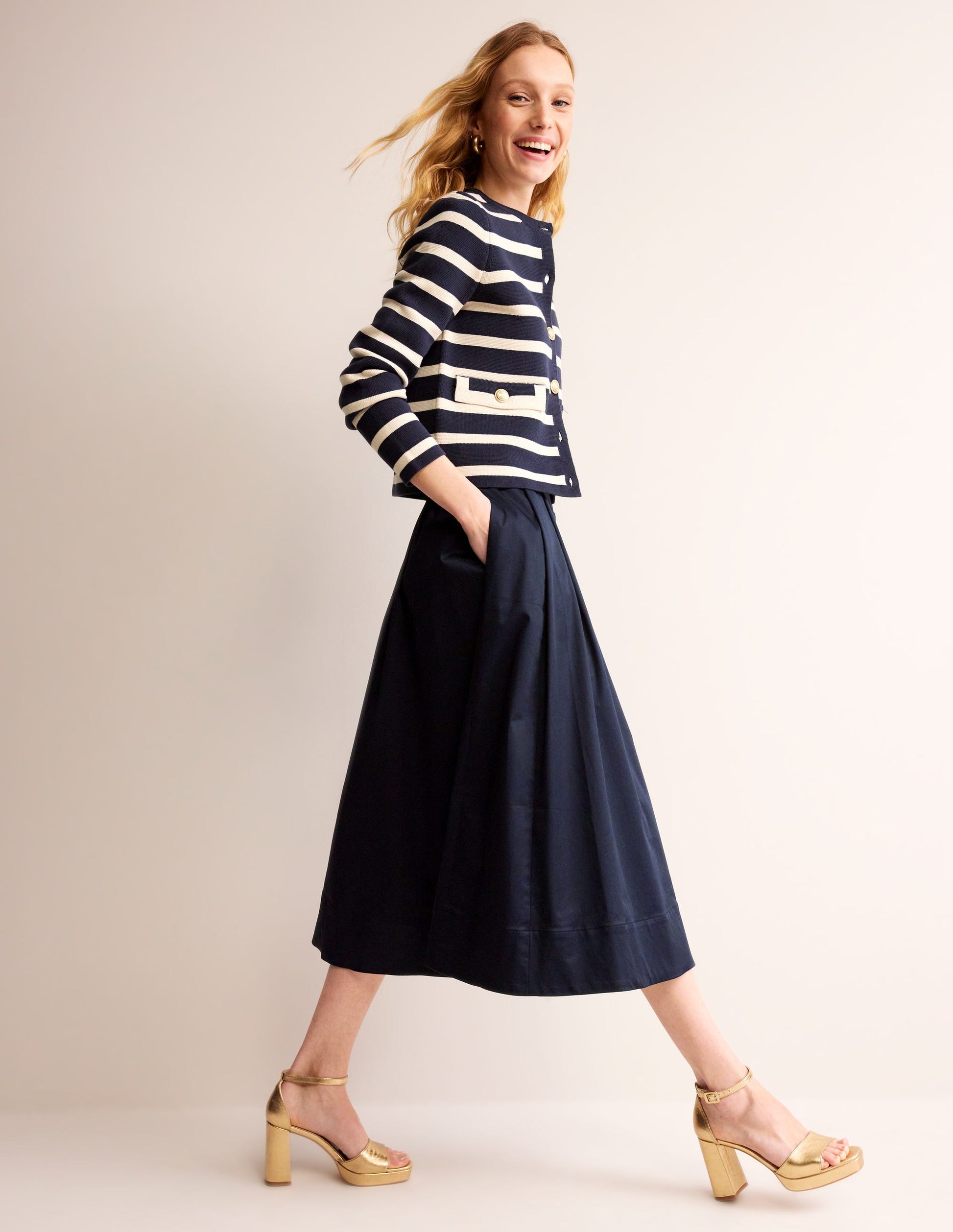 Isabella Cotton Sateen Skirt-Navy-1