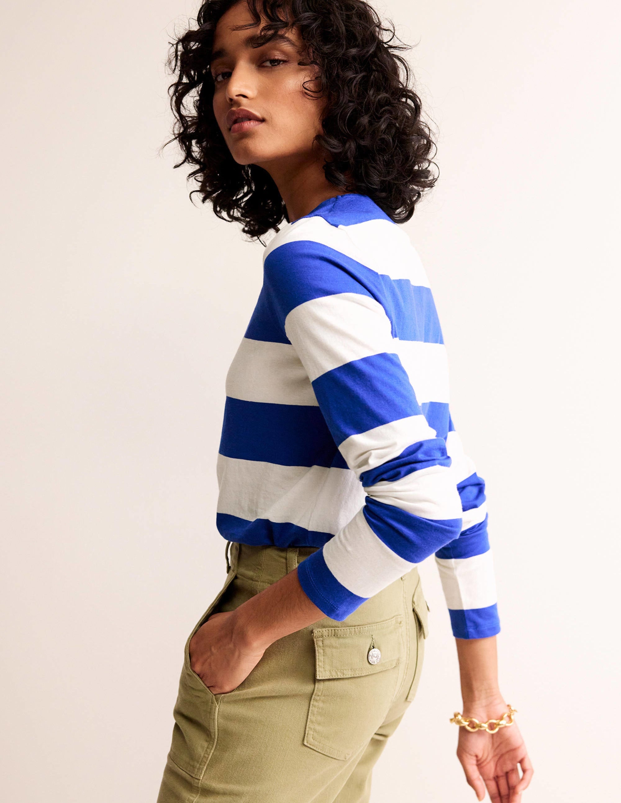 Bea Long Sleeve Breton-Blue, Ivory Wide Stripe - Image 1