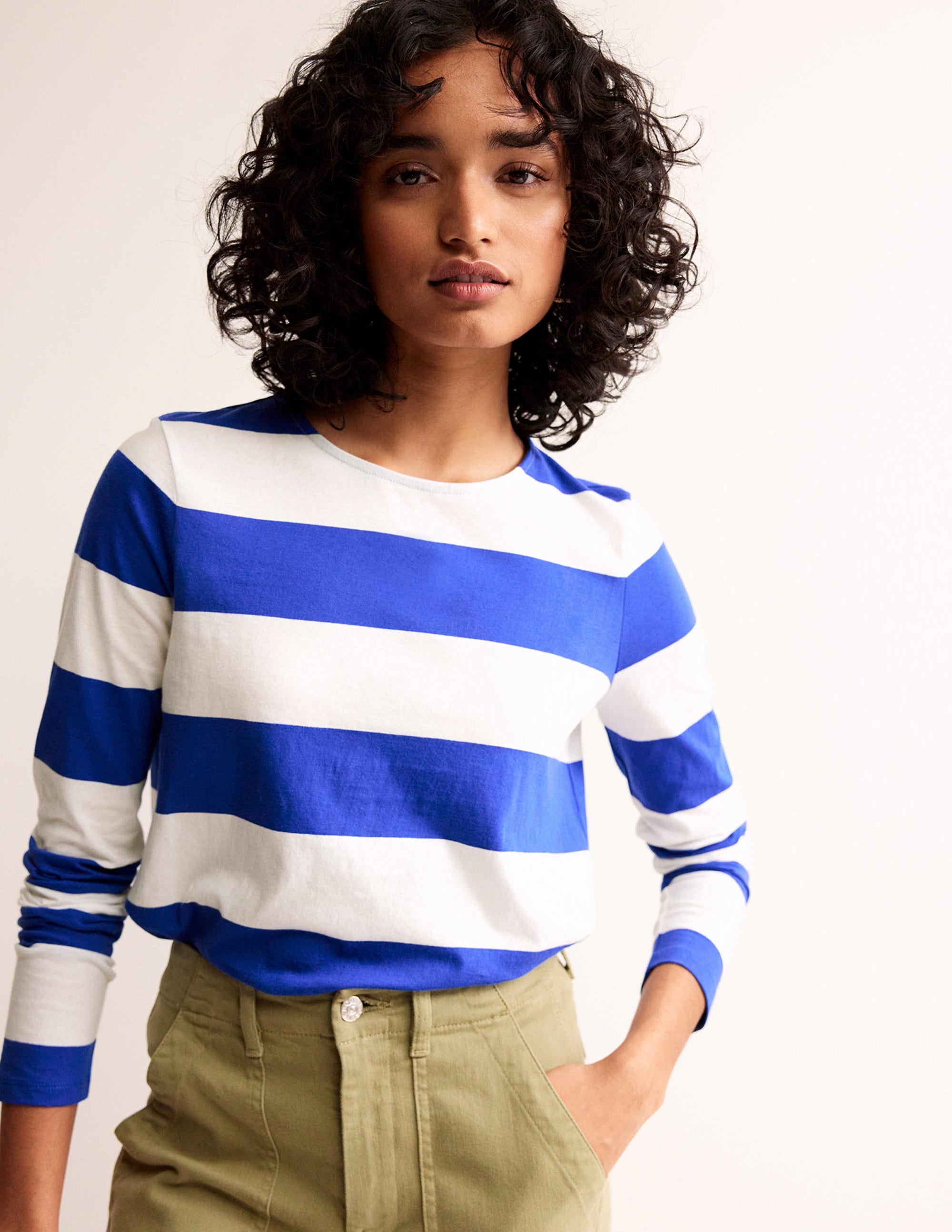 Bea Long Sleeve Breton-Blue, Ivory Wide Stripe - Image 4