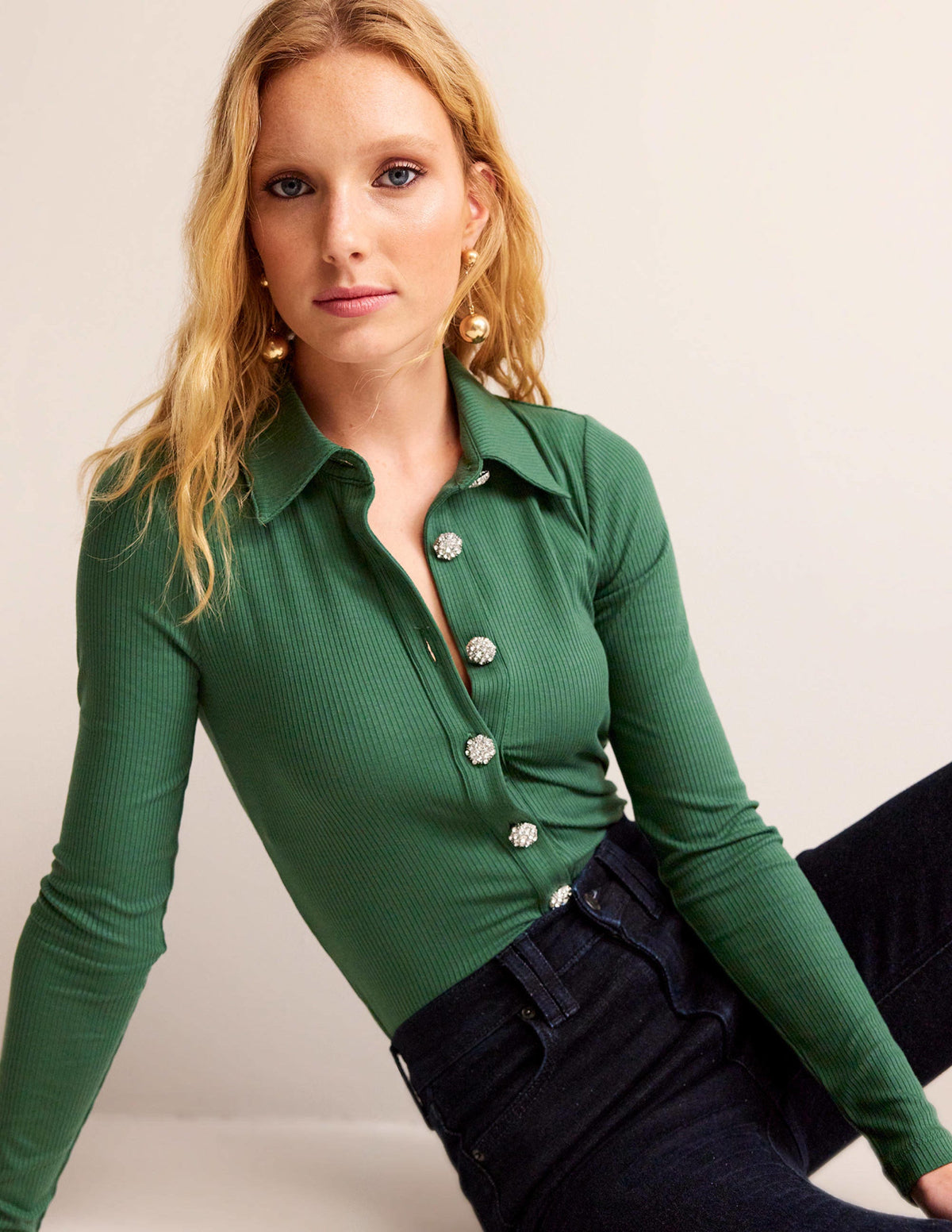 Jewelled-Button Ribbed Shirt-Palm Leaf-4
