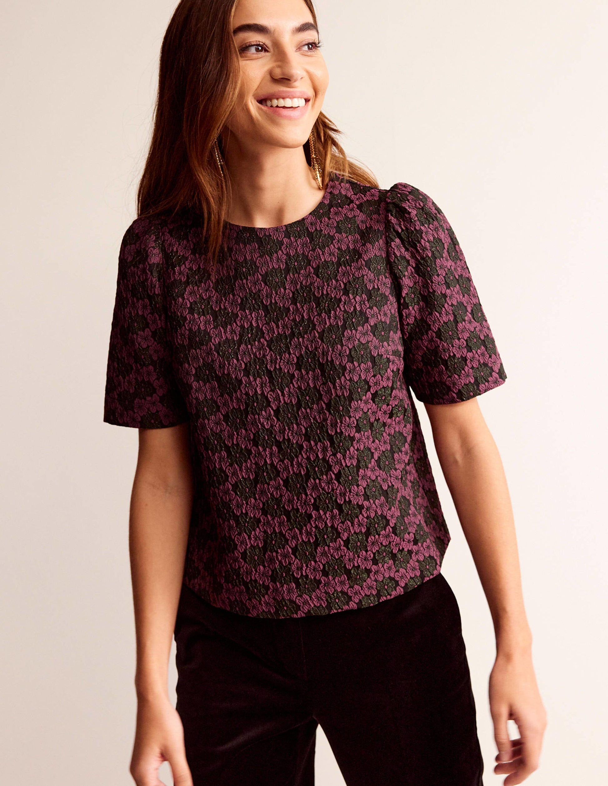 Jacquard Short Sleeve Top-Jacquard Floral-1