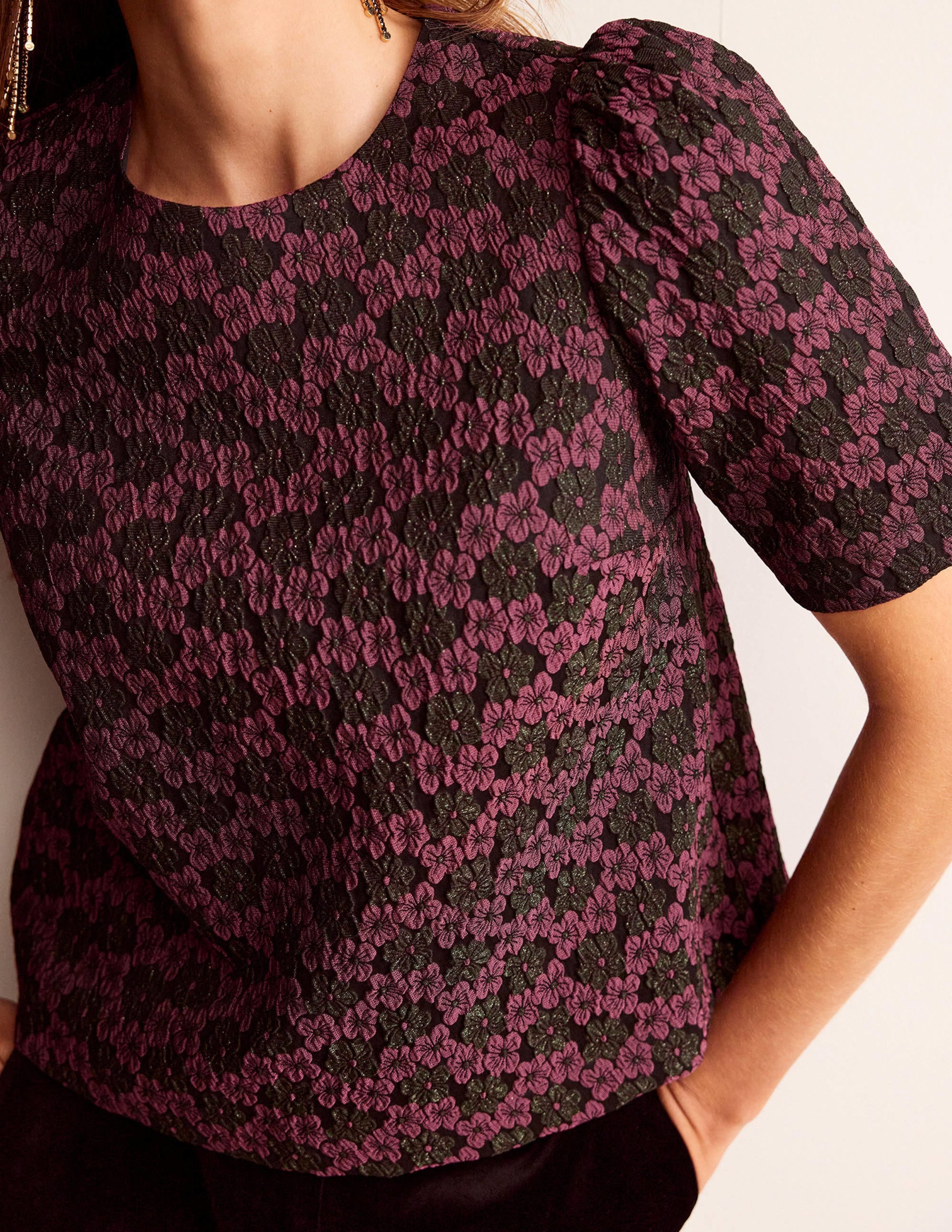 Jacquard Short Sleeve Top-Jacquard Floral - Image 2