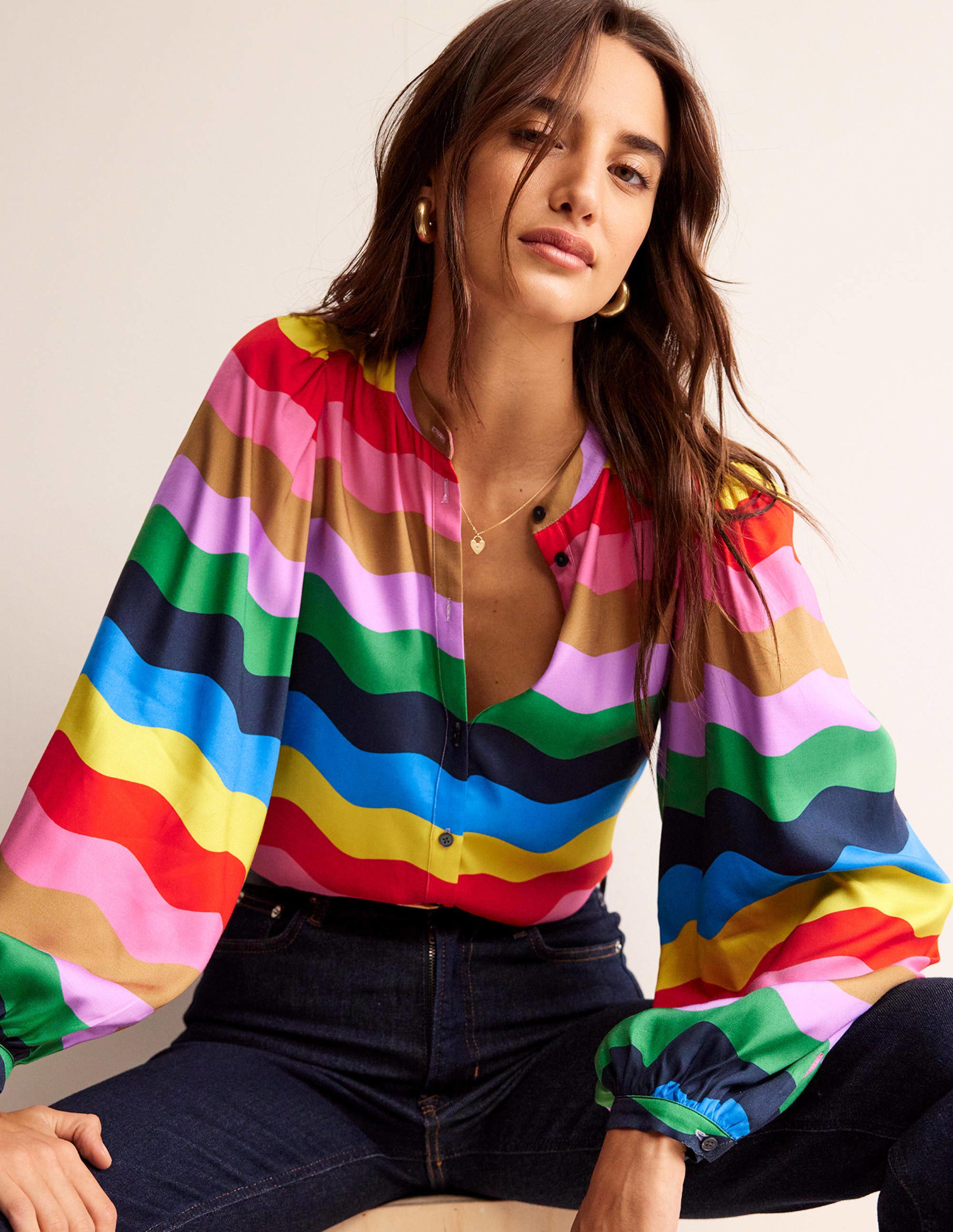Blouson Sleeve Blouse-Multi, Rainbow Wave - Image 1