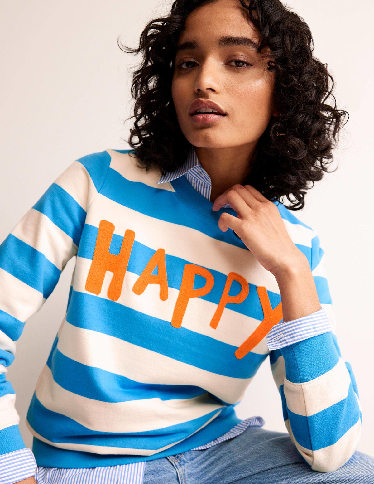 Hannah Embroidered Sweatshirt-Blue, Happy-1