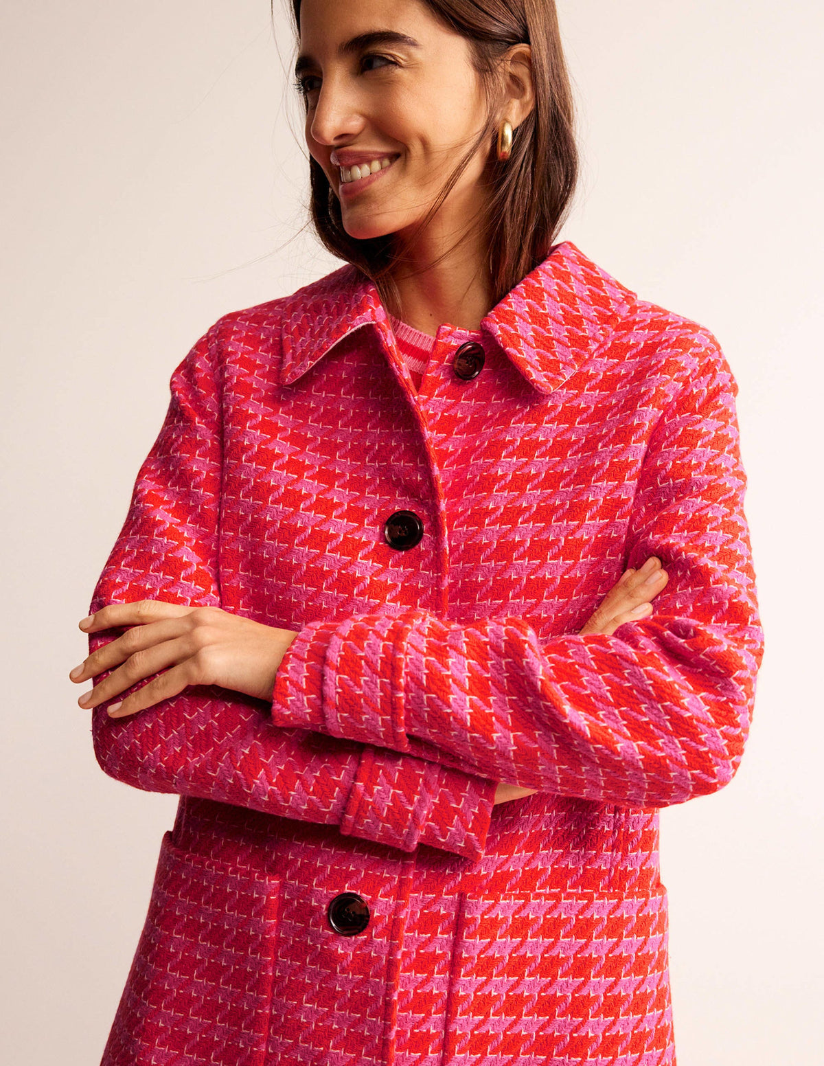 Button Checked Fitted Coat-Dogstooth - Image 3