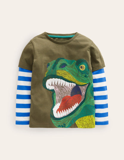 Applique Mock Sleeve T-Shirt-Classic Khaki Dino