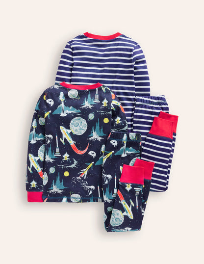 Snug Twin Pack Pajamas-Grey Space and Navy Stripe