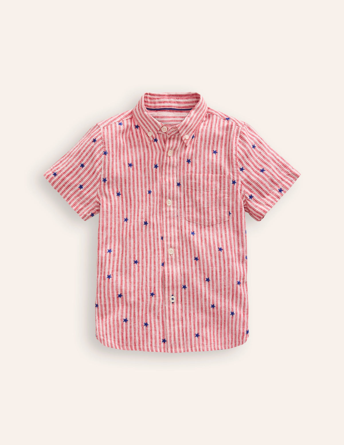 Cotton Linen Shirt-Red Stripe Star Embroidery - Image 1