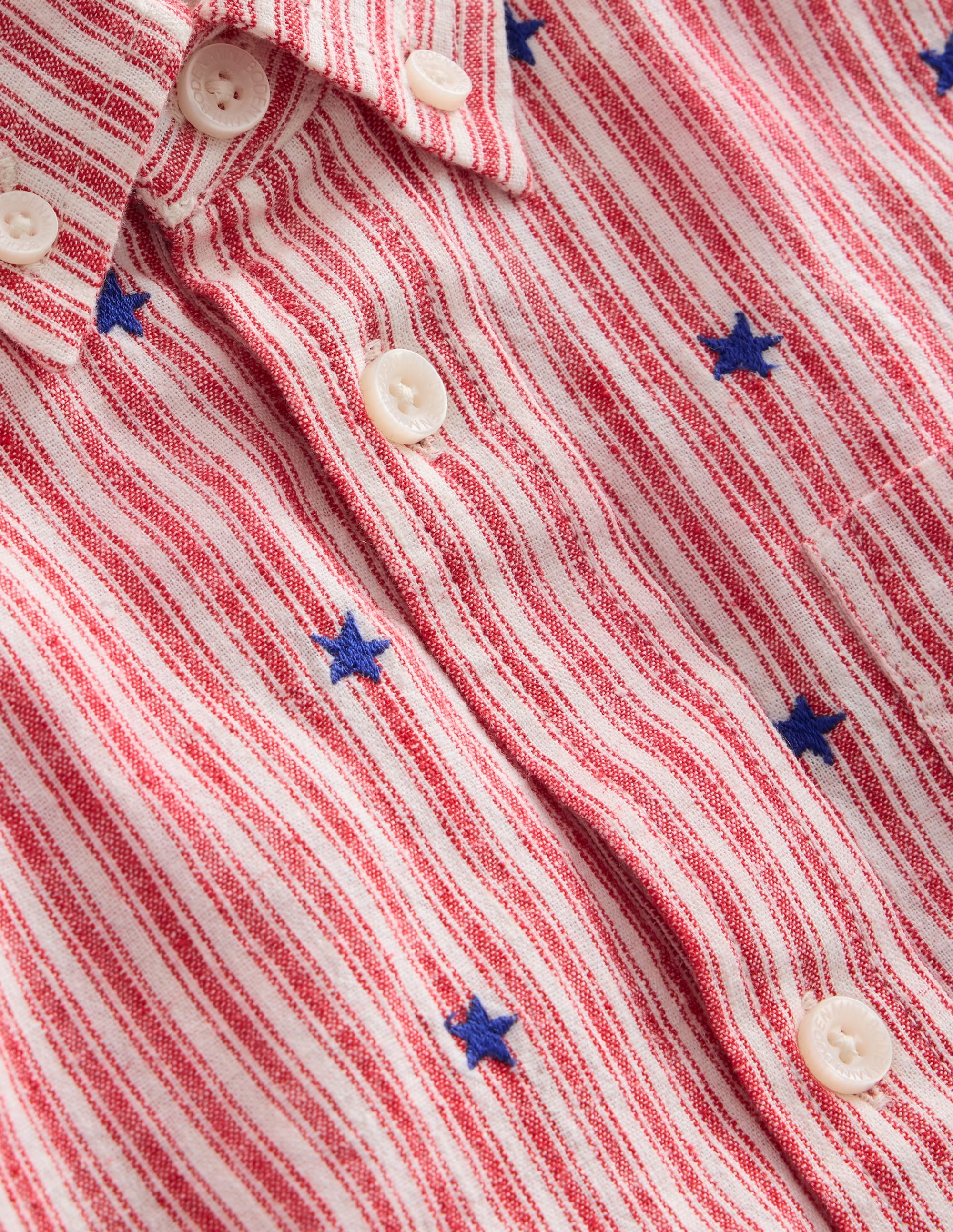 Cotton Linen Shirt-Red Stripe Star Embroidery - Image 3
