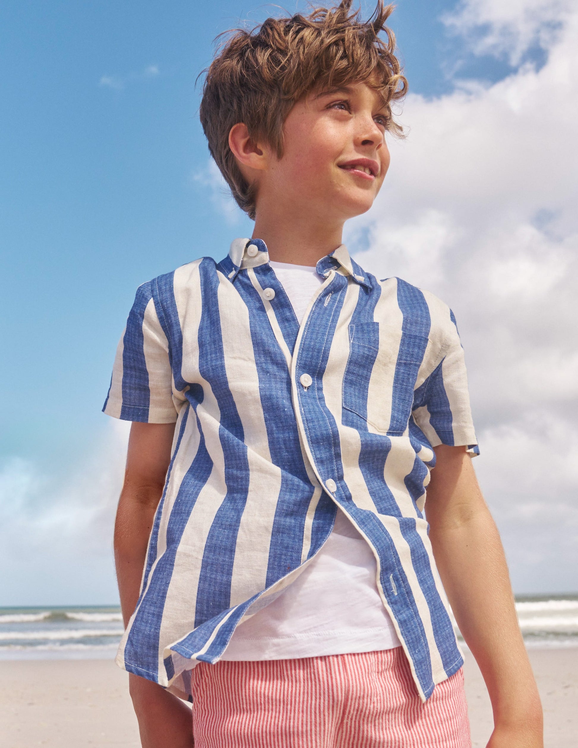 Cotton Linen Shirt-Sapphire Blue / Ivory Stripe-4