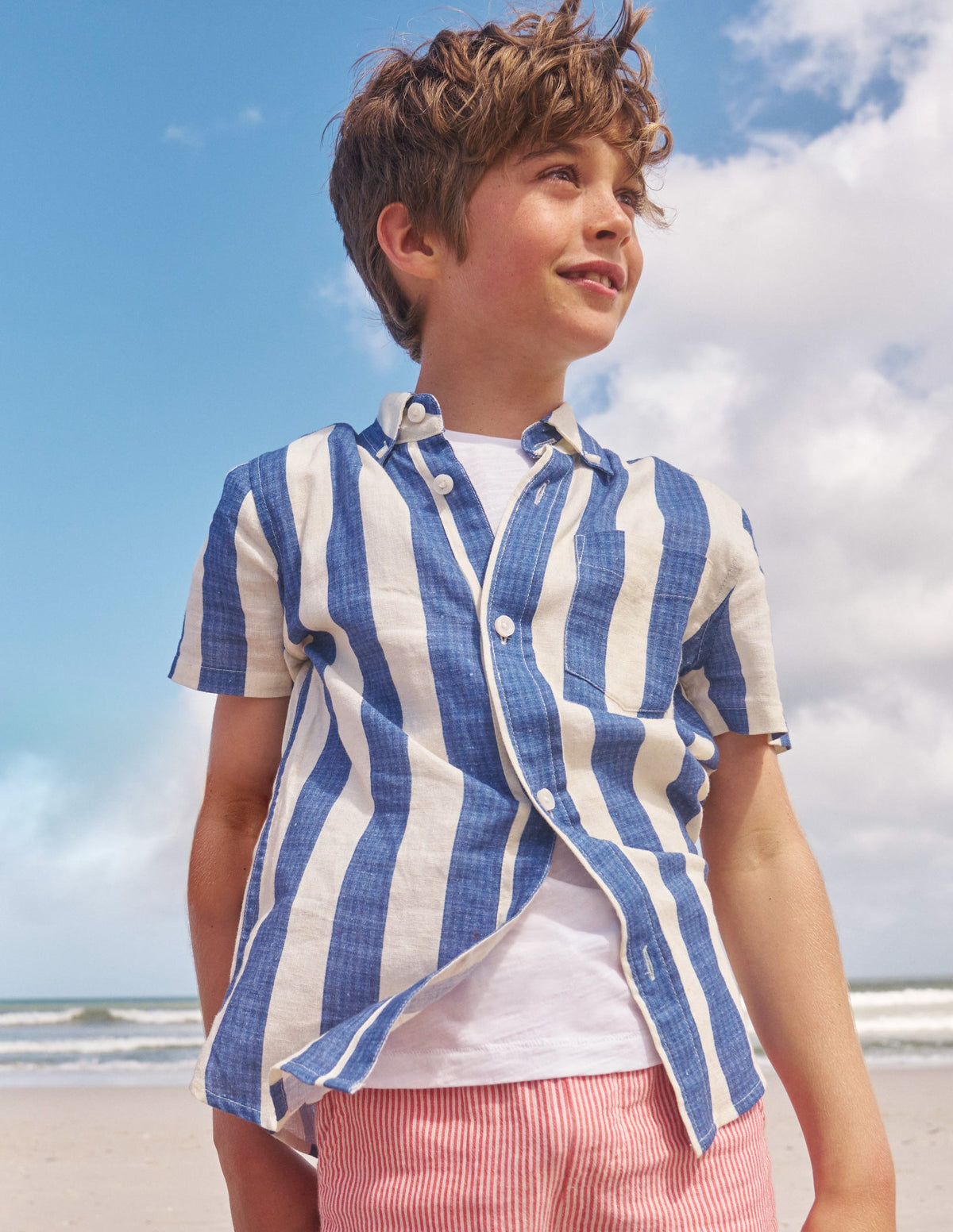 Cotton Linen Shirt-Sapphire Blue / Ivory Stripe - Image 4