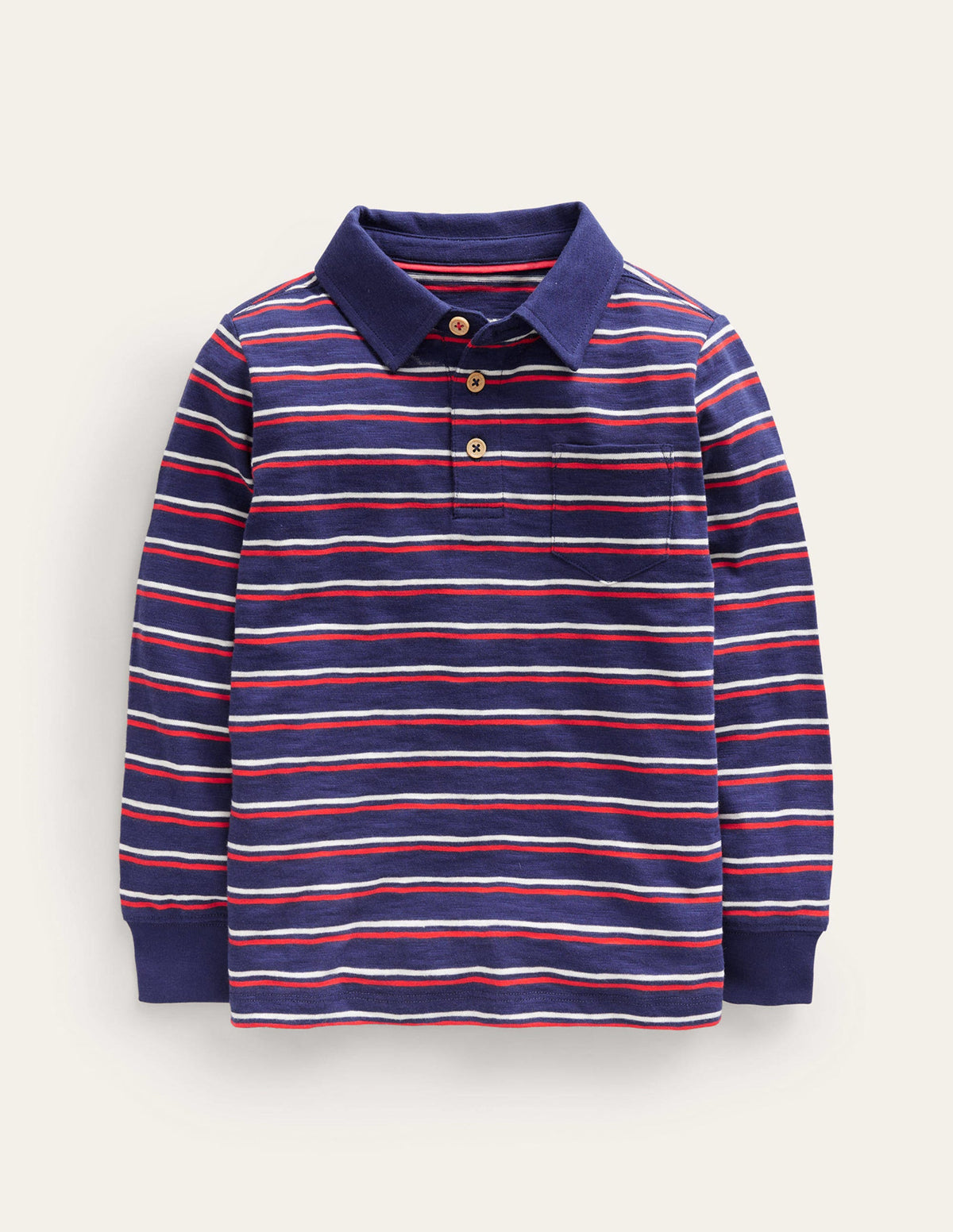Slubbed Long-Sleeve Polo Shirt-Ivory/Sapphire Blue/Poppy Red - Image 1