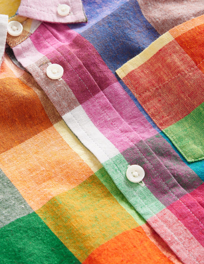 Cotton Linen Shirt-Bright Neon Multigingham