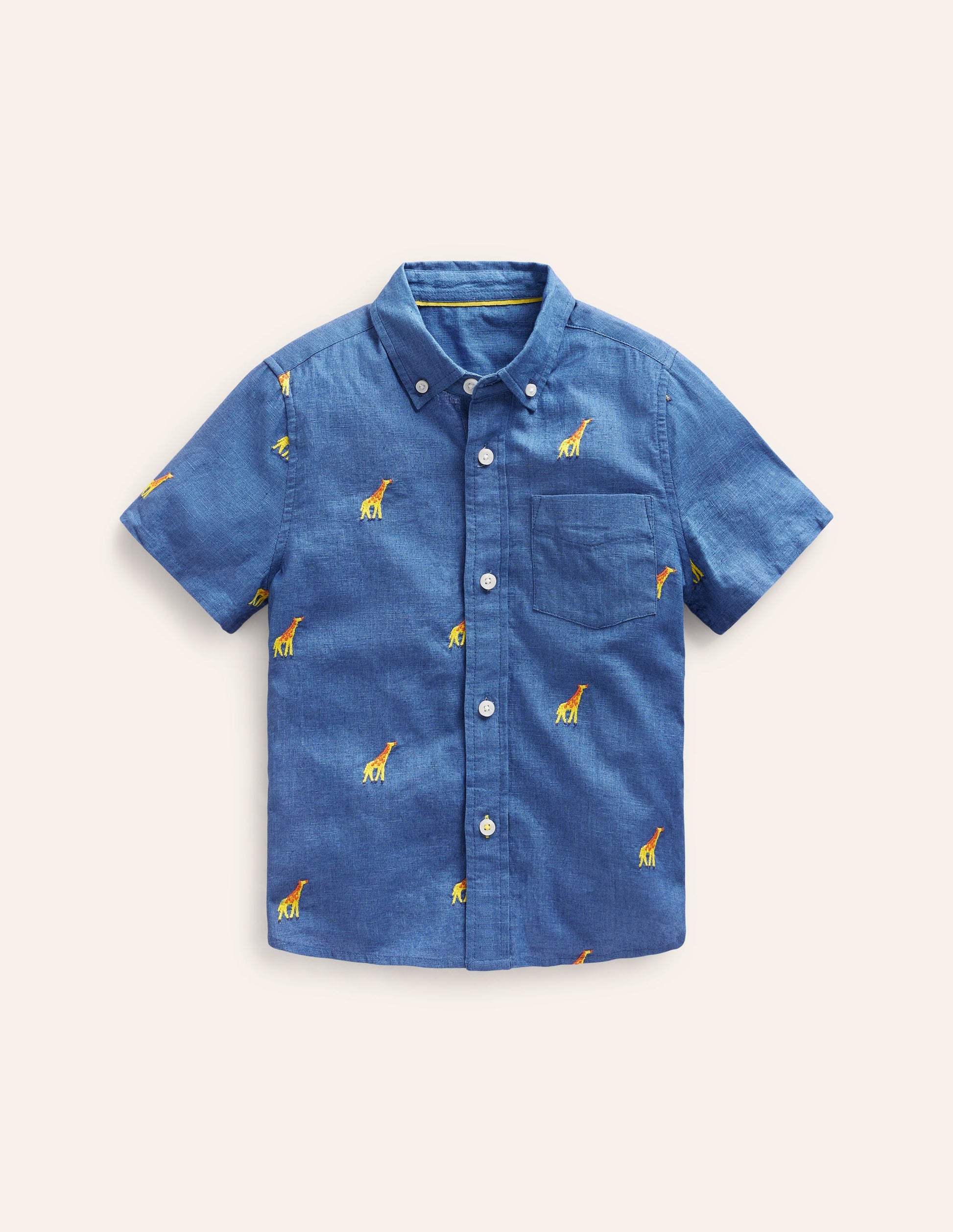 Cotton Linen Shirt-Chambray Giraffe Embroidery-1