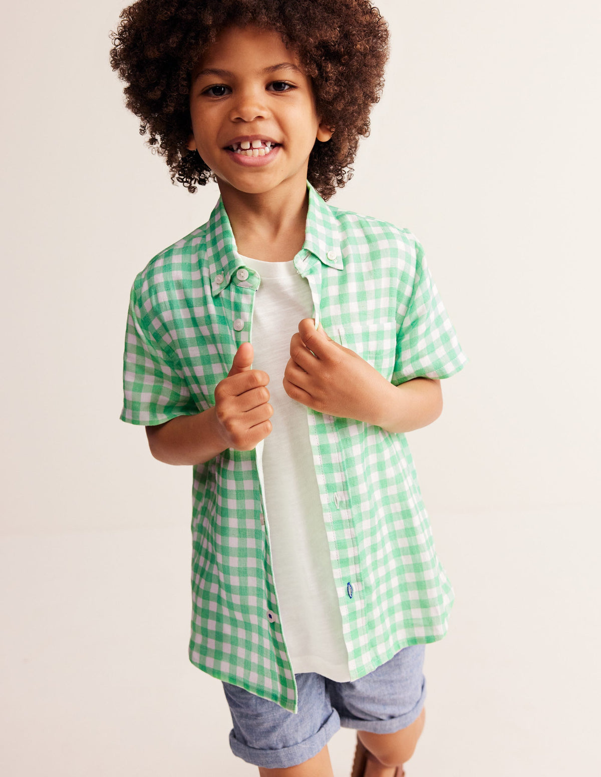 Cotton Linen Shirt-Pea Green Gingham - Image 1