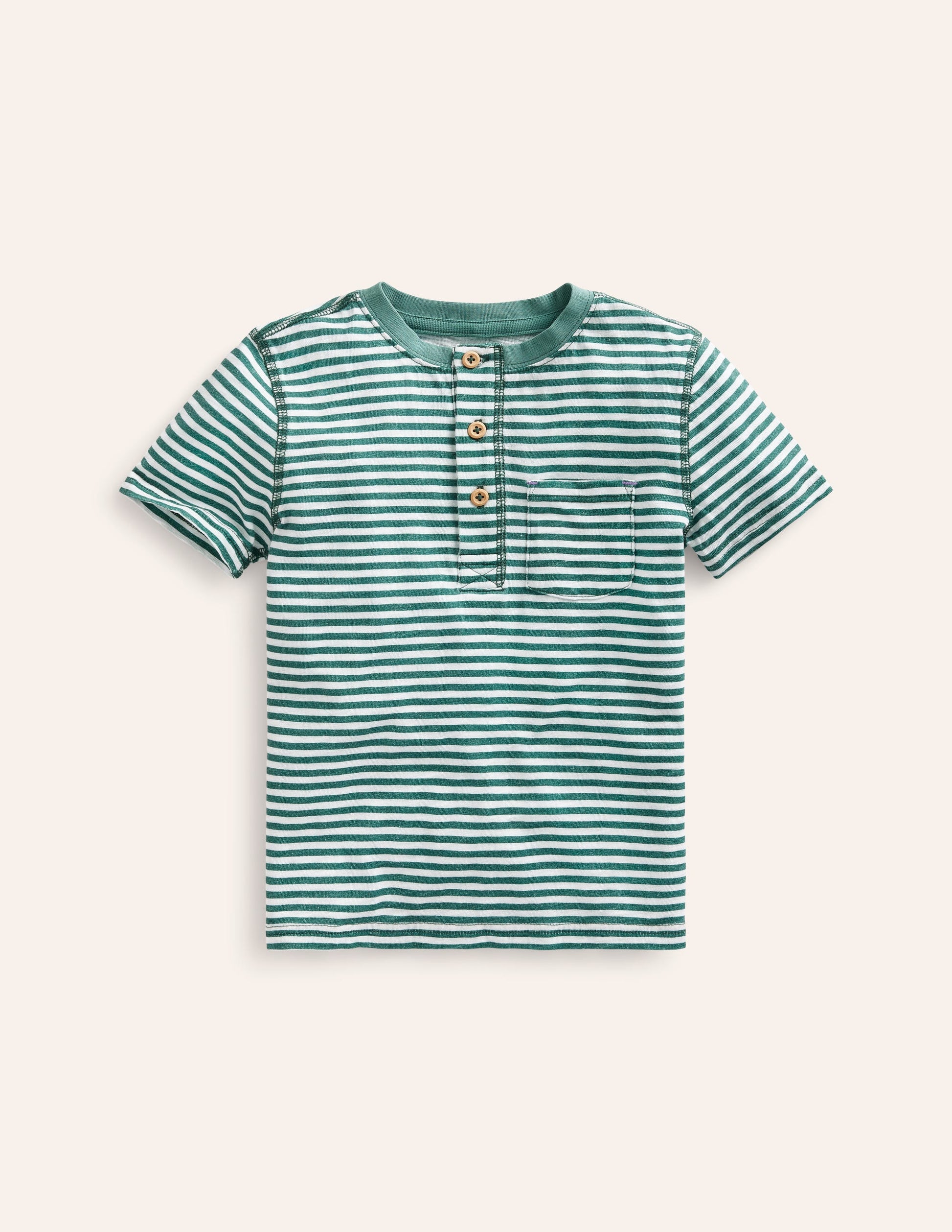 Washed Cotton Henley T-shirt-Green Spruce/ Ivory Stripe-1