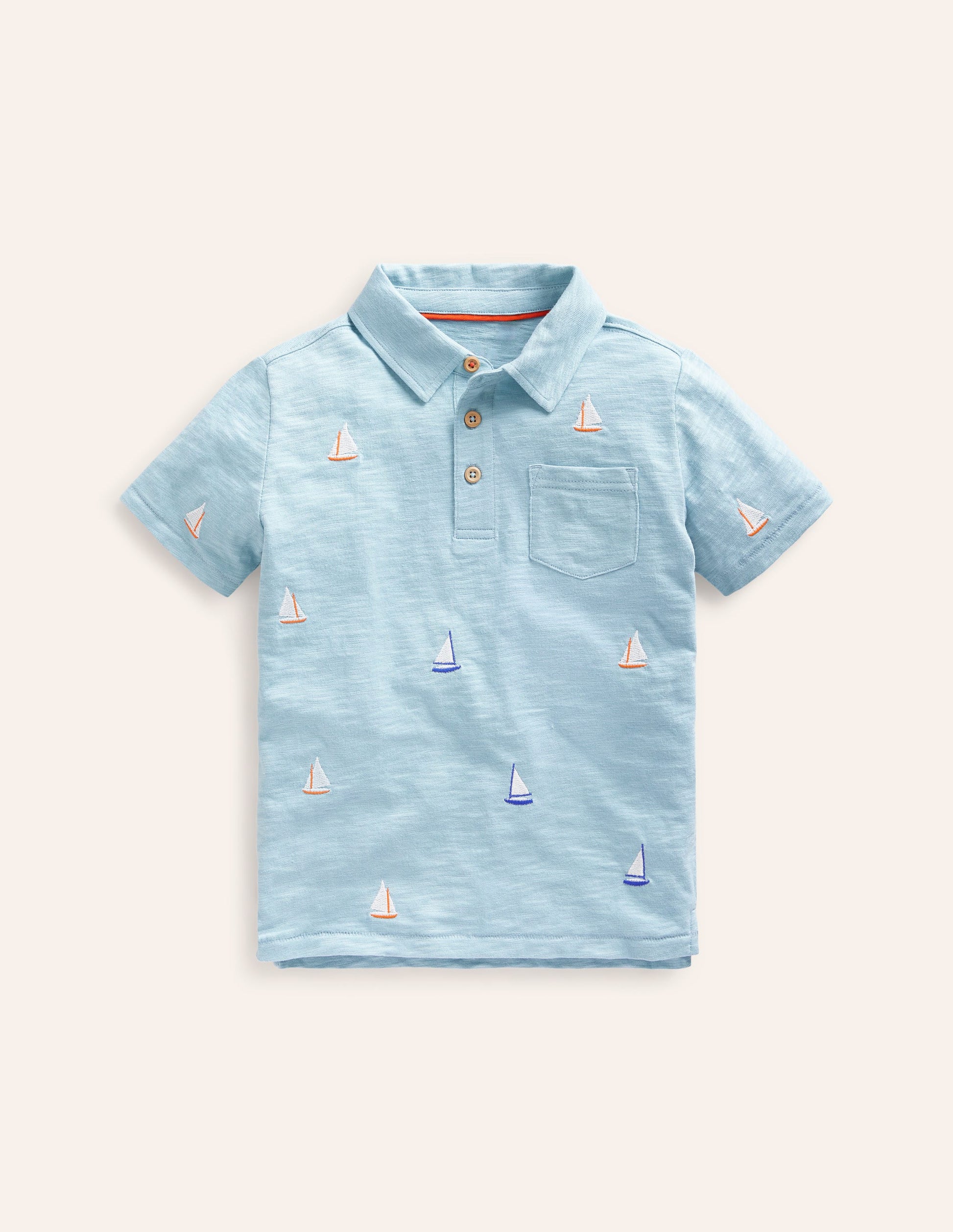 Embroidered Slub Polo Shirt-Vintage Blue Boat Embroidery-1