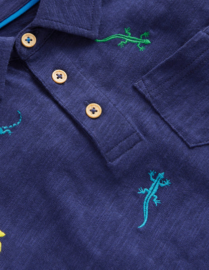 Embroidered Slub Polo Shirt-College Navy Lizards