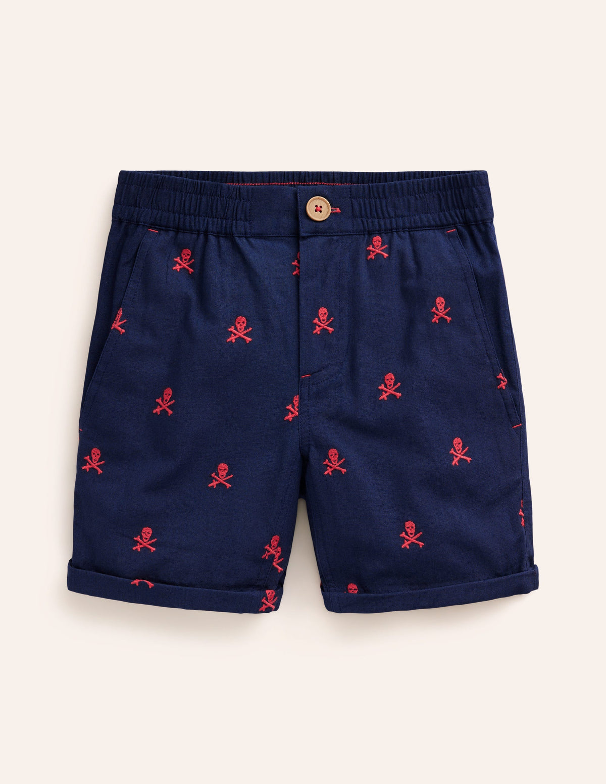 Smart Roll Up Shorts-College Navy Skull Embroidery - Image 1