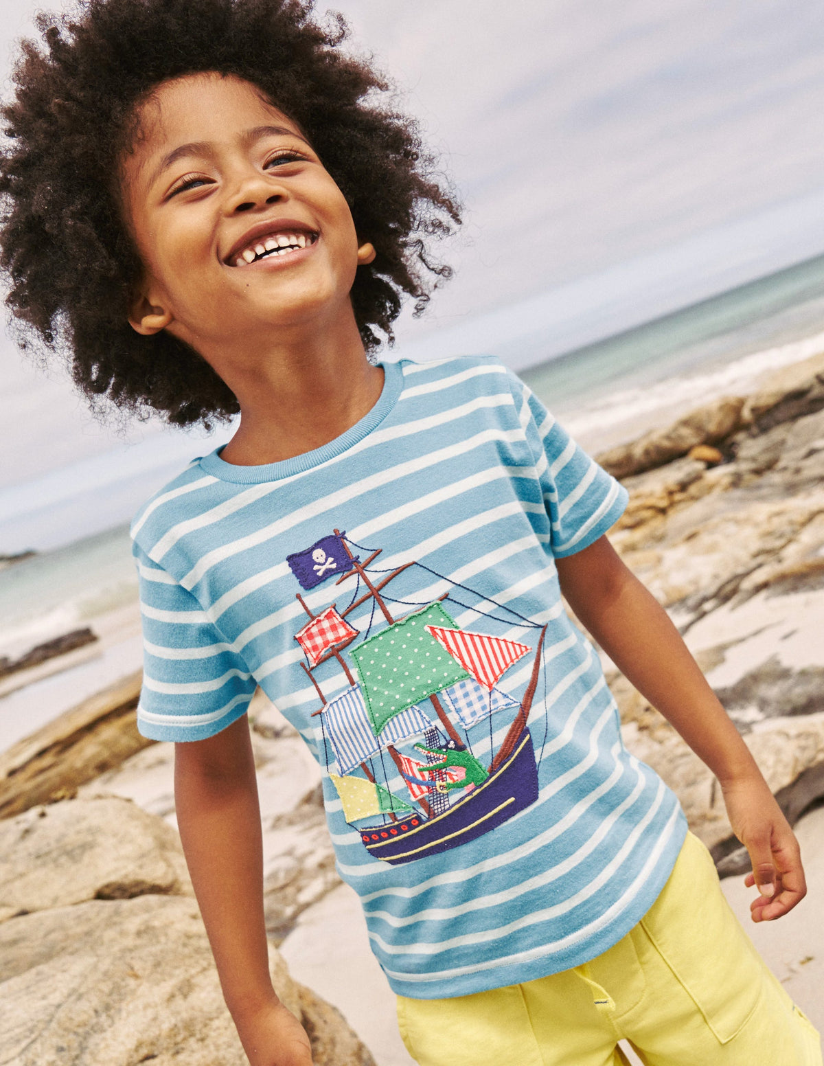 Appliqué Pirate Ship T-shirt-Vintage Blue/ Ivory Stripe - Image 4
