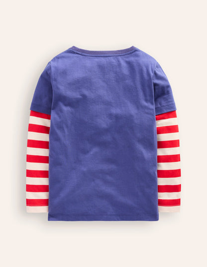 Applique Mock Sleeve T-shirt-Bluejay Janet-2