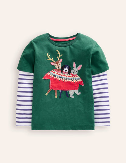 Applique Mock Sleeve T-Shirt-Jewel Green Festive Animals