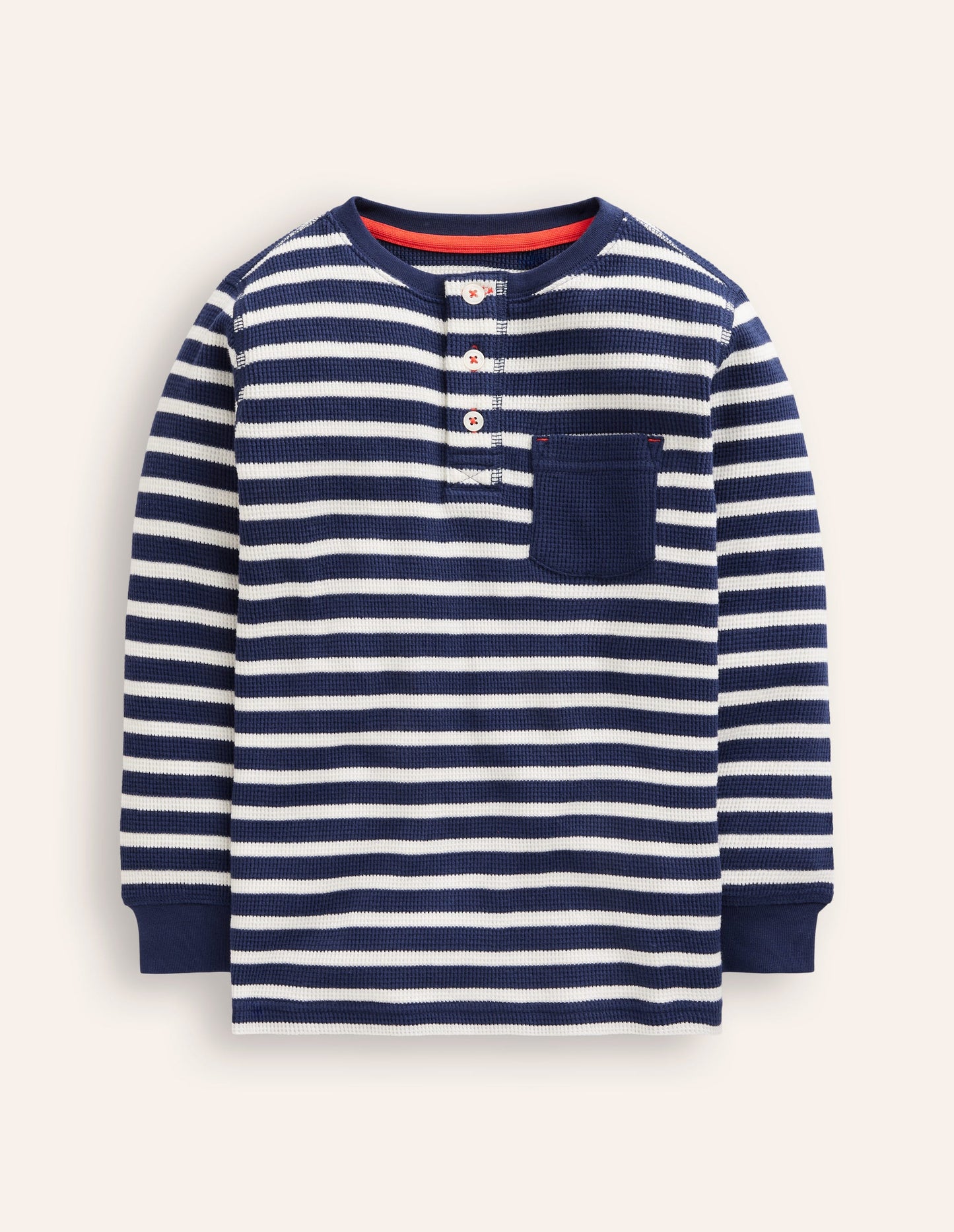 Cosy Waffle Henley T-Shirt-College Navy and Ivory Stripe