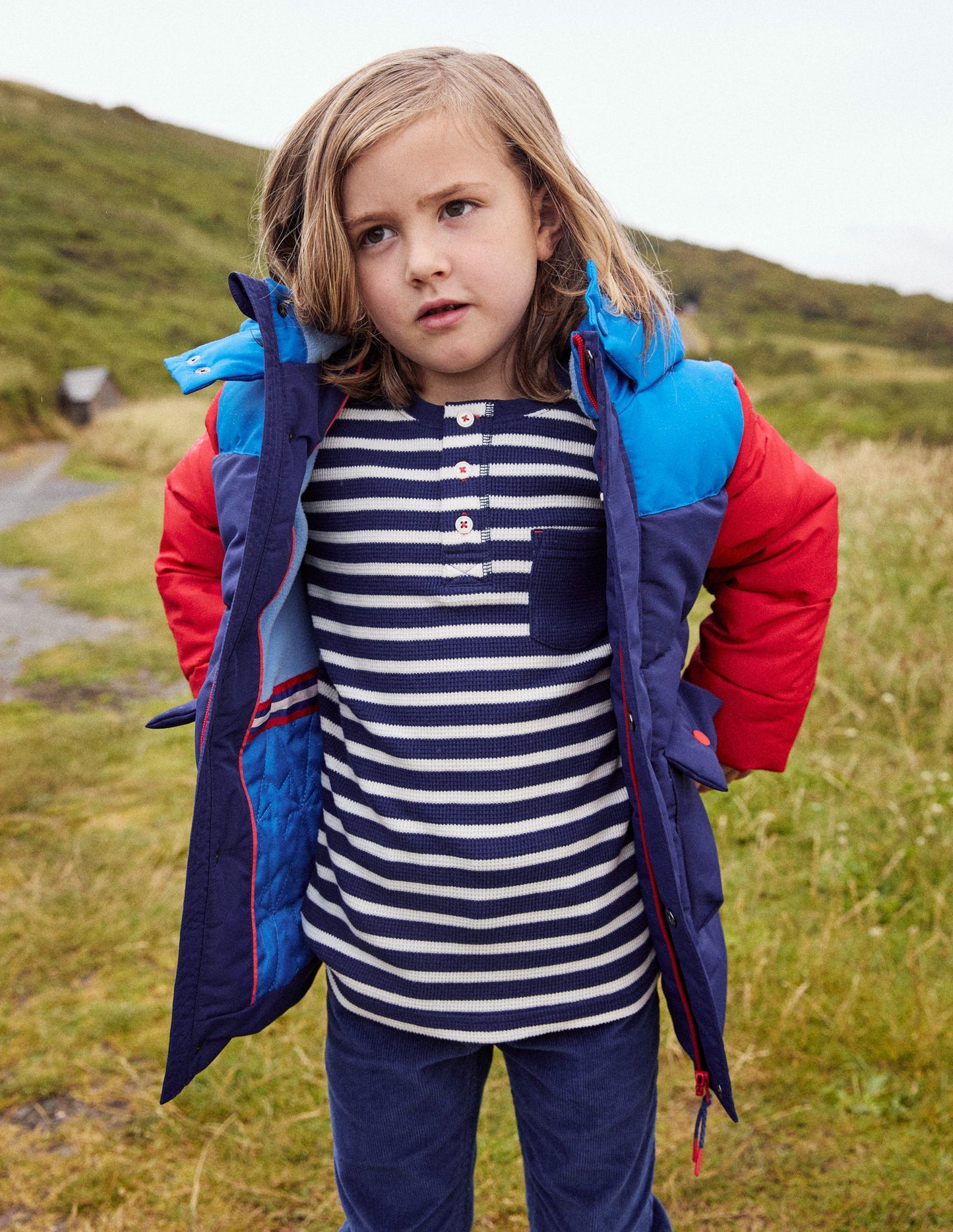 Cosy Waffle Henley T-Shirt-College Navy and Ivory Stripe