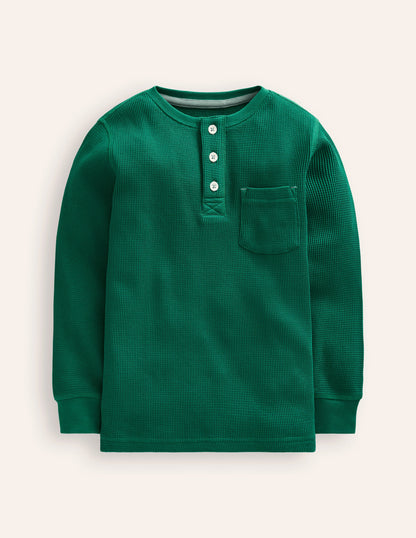 Cosy Waffle Henley T-Shirt-Jewel Green