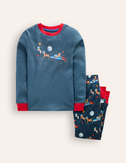 Snug Long John Pajamas-Robot Blue Space Santa