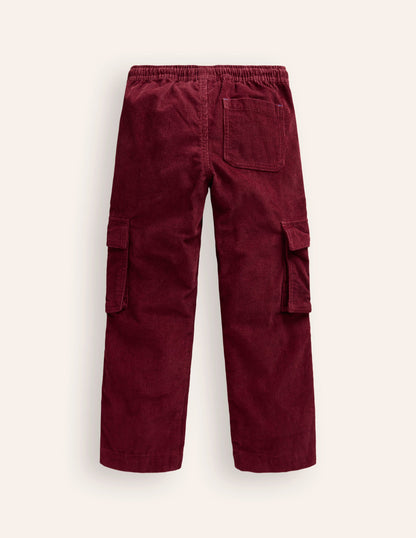 Pull-on Cord Cargo Pants-Dark Ruby Red