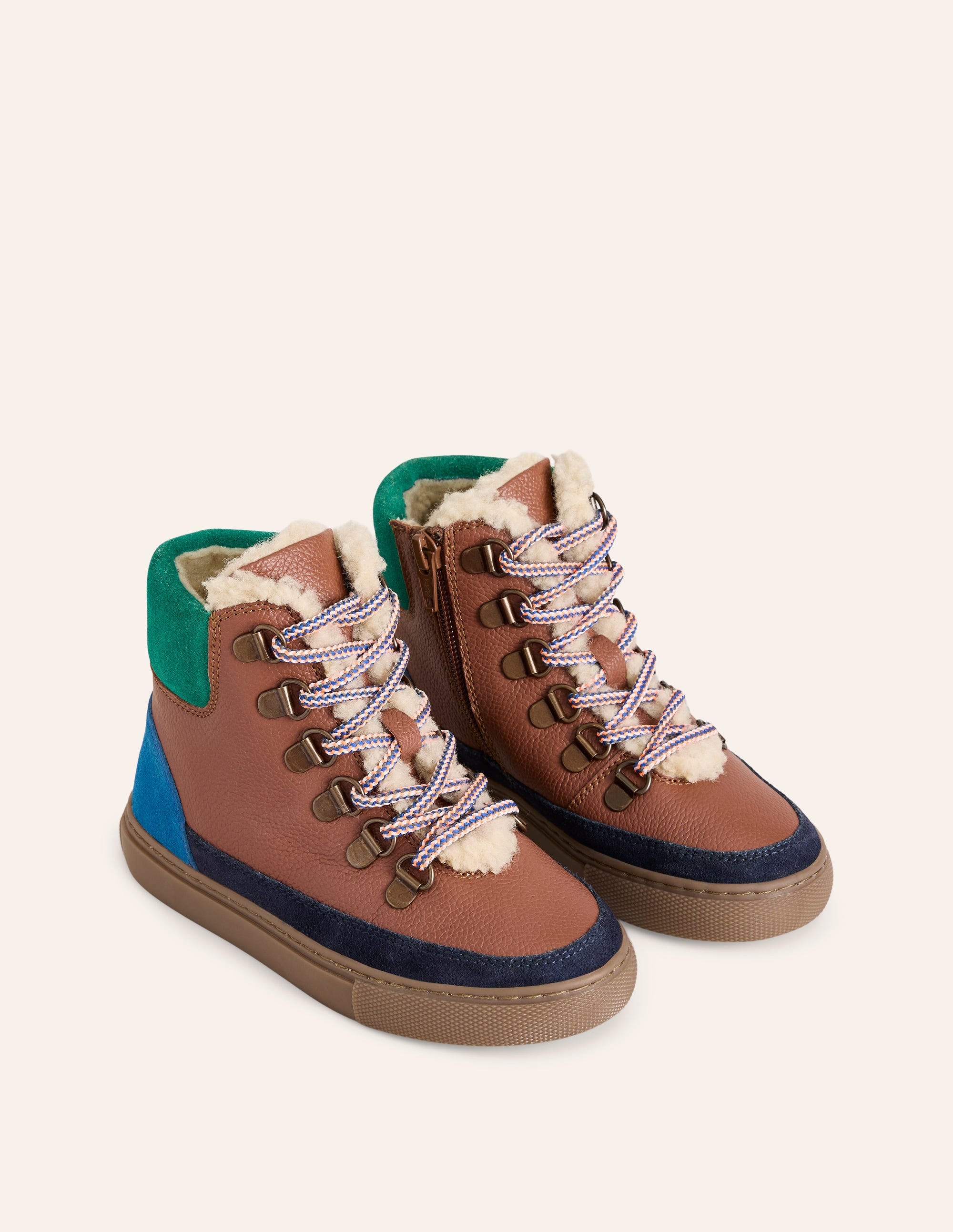 Cosy Leather Lace Up Boots-Tan Colourblock - Image 2