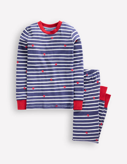 Snug Long John Pajamas-Navy Breton with Tiny Hearts