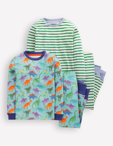 Snug Twin Pack Pajamas-Blue Dinos and Green Stripe