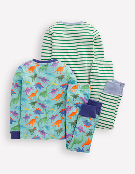 Snug Twin Pack Pajamas-Blue Dinos and Green Stripe