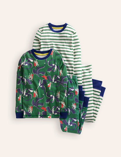 Snug Twin Pack Pajamas-Green Dragon and Stripe