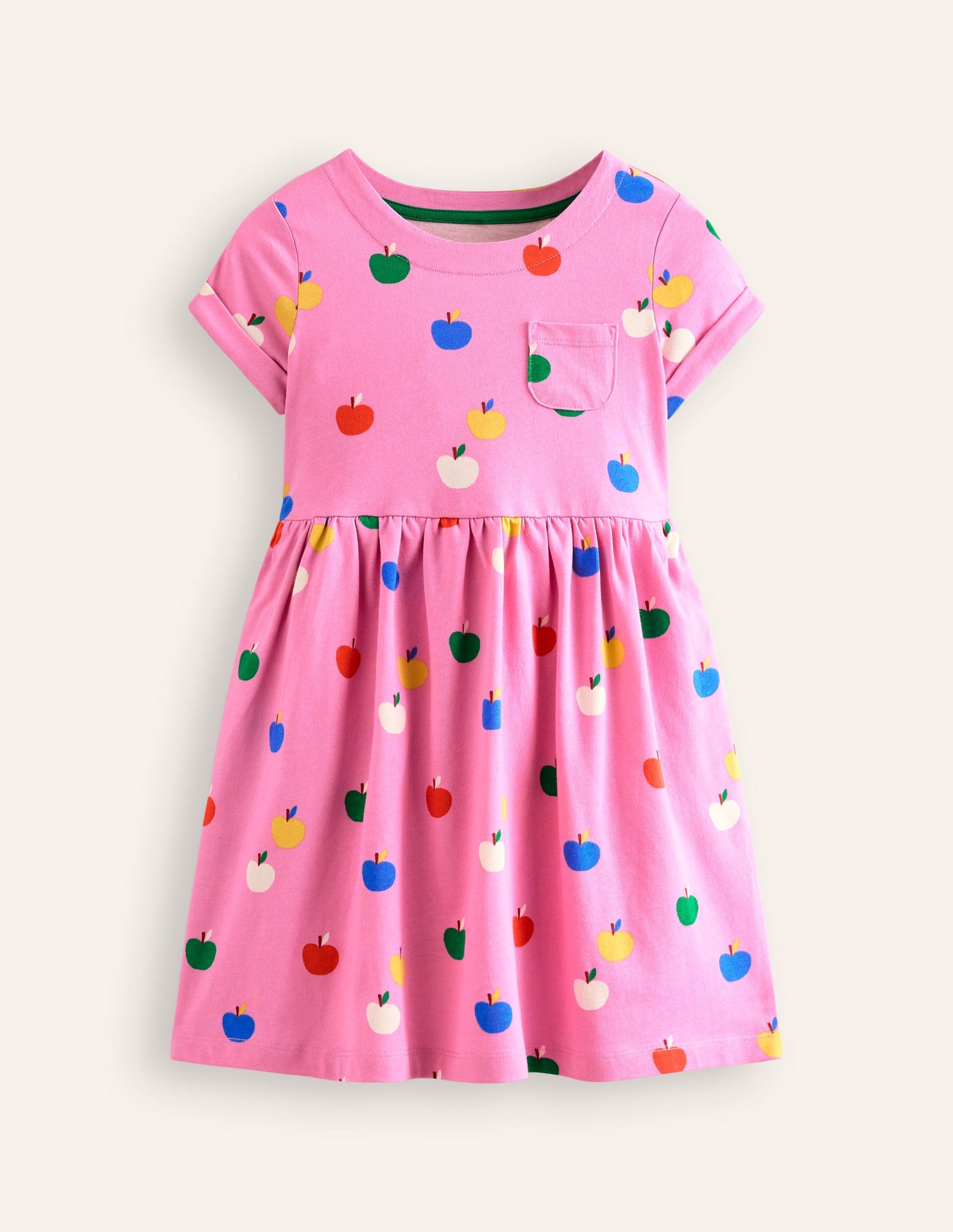 Short-sleeved Fun Jersey Dress-Cosmos Pink Rainbow Apples