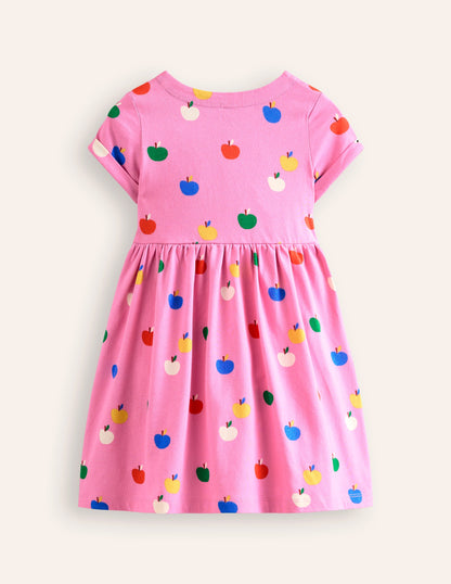 Short-sleeved Fun Jersey Dress-Cosmos Pink Rainbow Apples