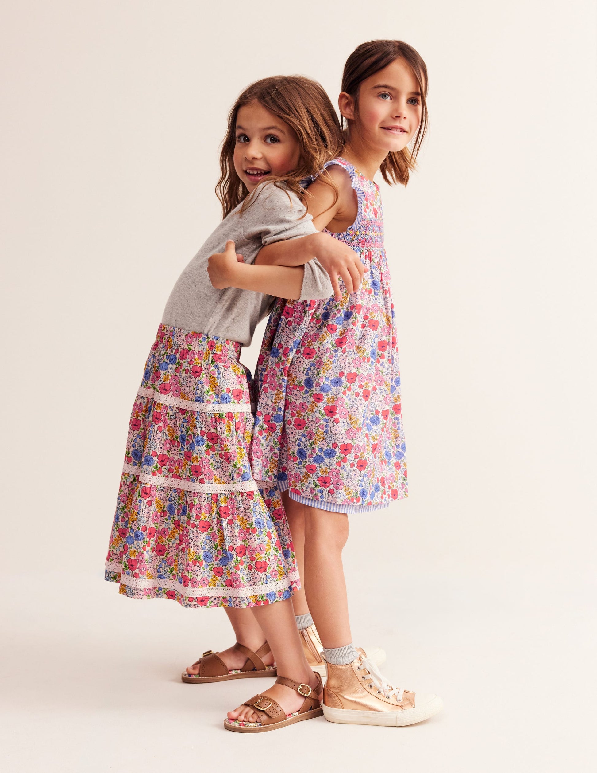 Printed Tiered Midi Skirt-Bubblegum Peony Floral-1