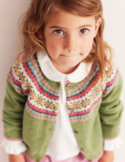 Edie Fair Isle Cardigan-Green/ Pink Fair Isle