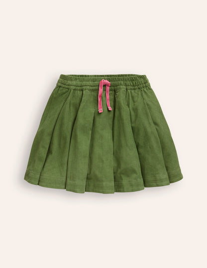 Pull-On Twirly Pleated Skirt-Iguana Green Cord