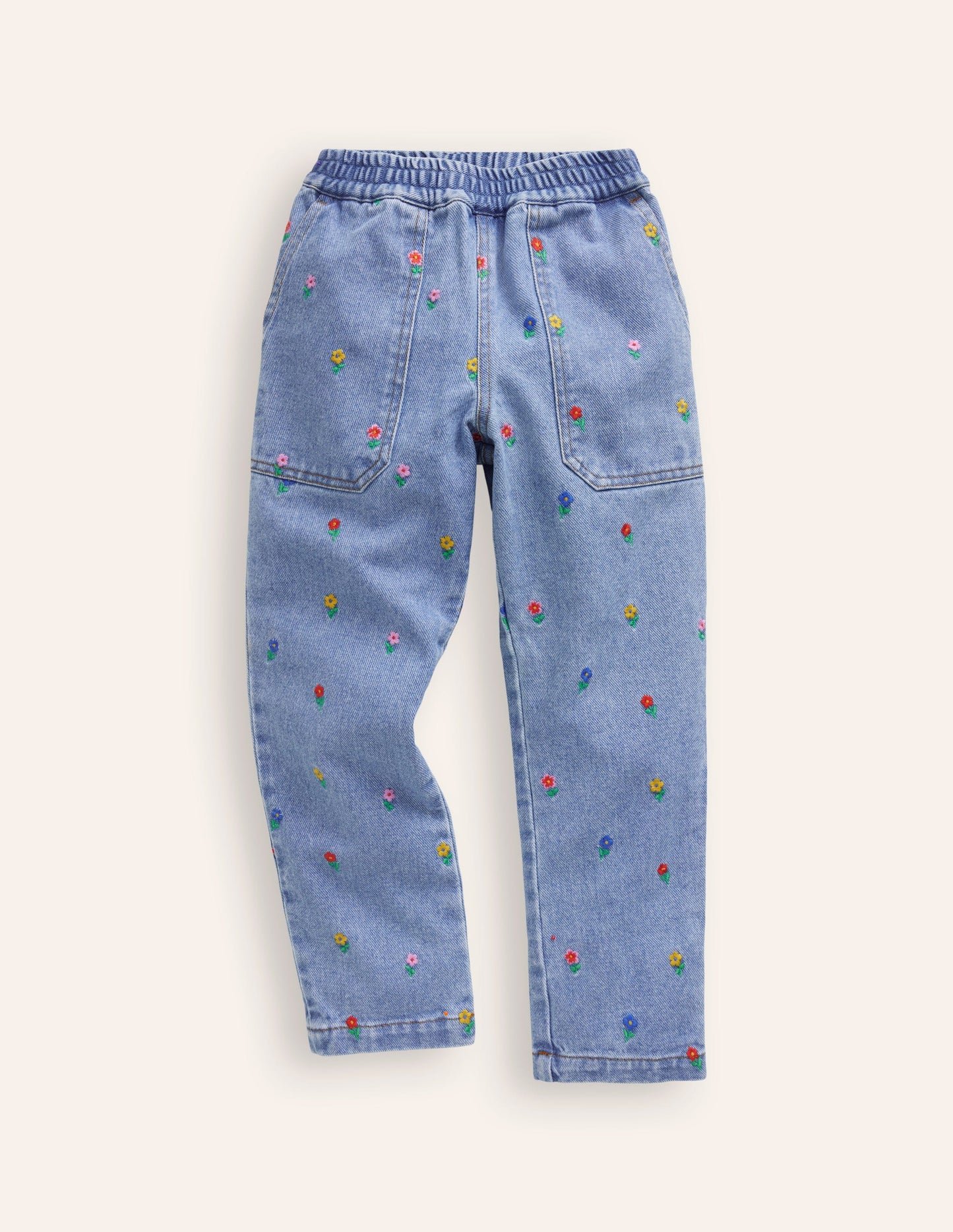 Embroidered Pull-On Pants-Denim Floral Embroidery