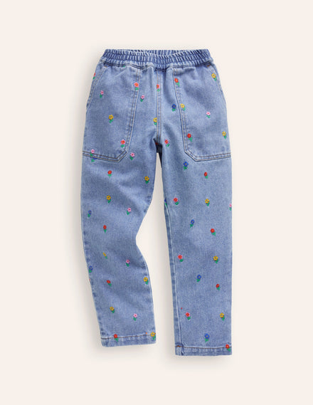 Embroidered Pull-On Pants-Denim Floral Embroidery